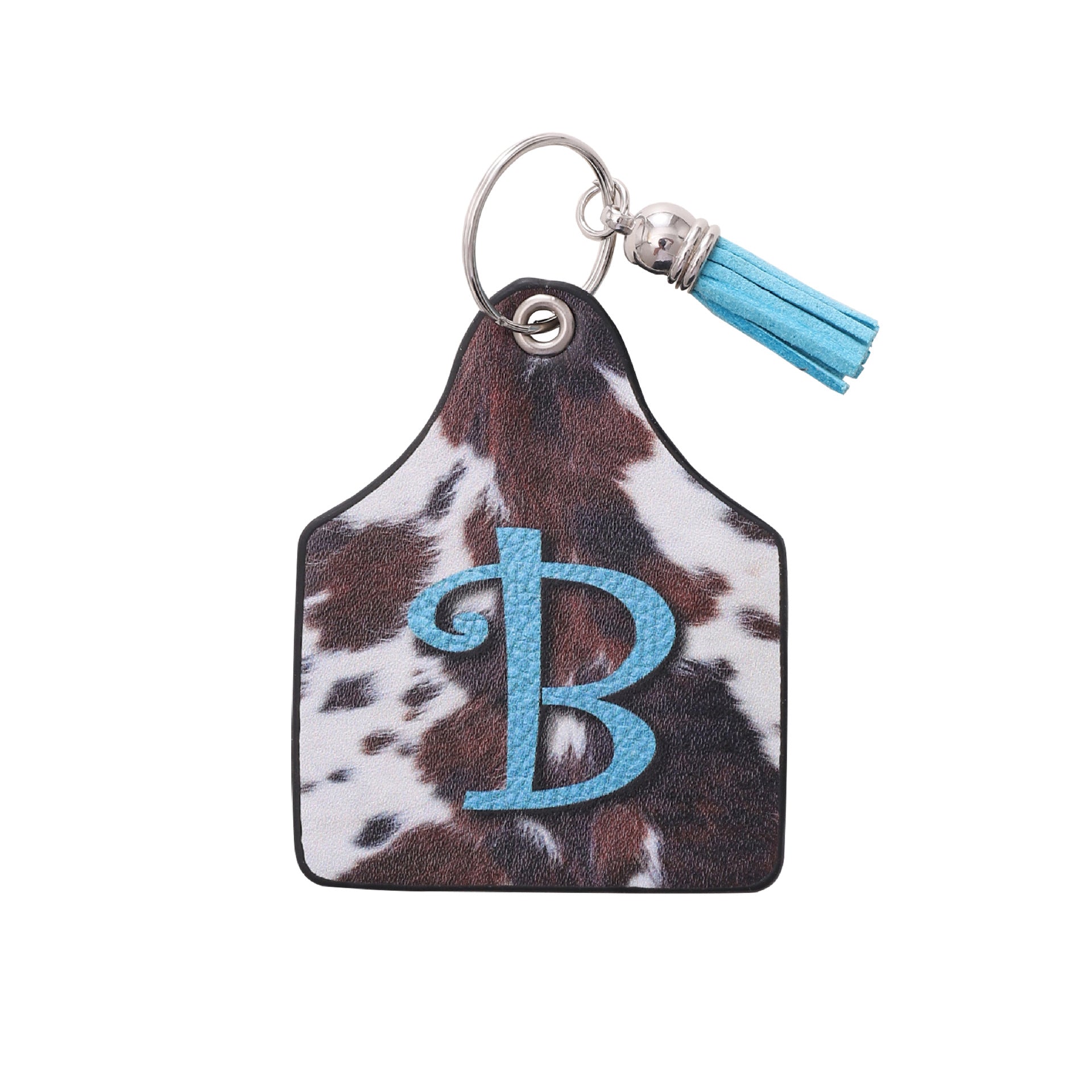 Wholesale Leather Western Cow Pattern Animal Fur Letter Printing Leather Oil Edge Keychain